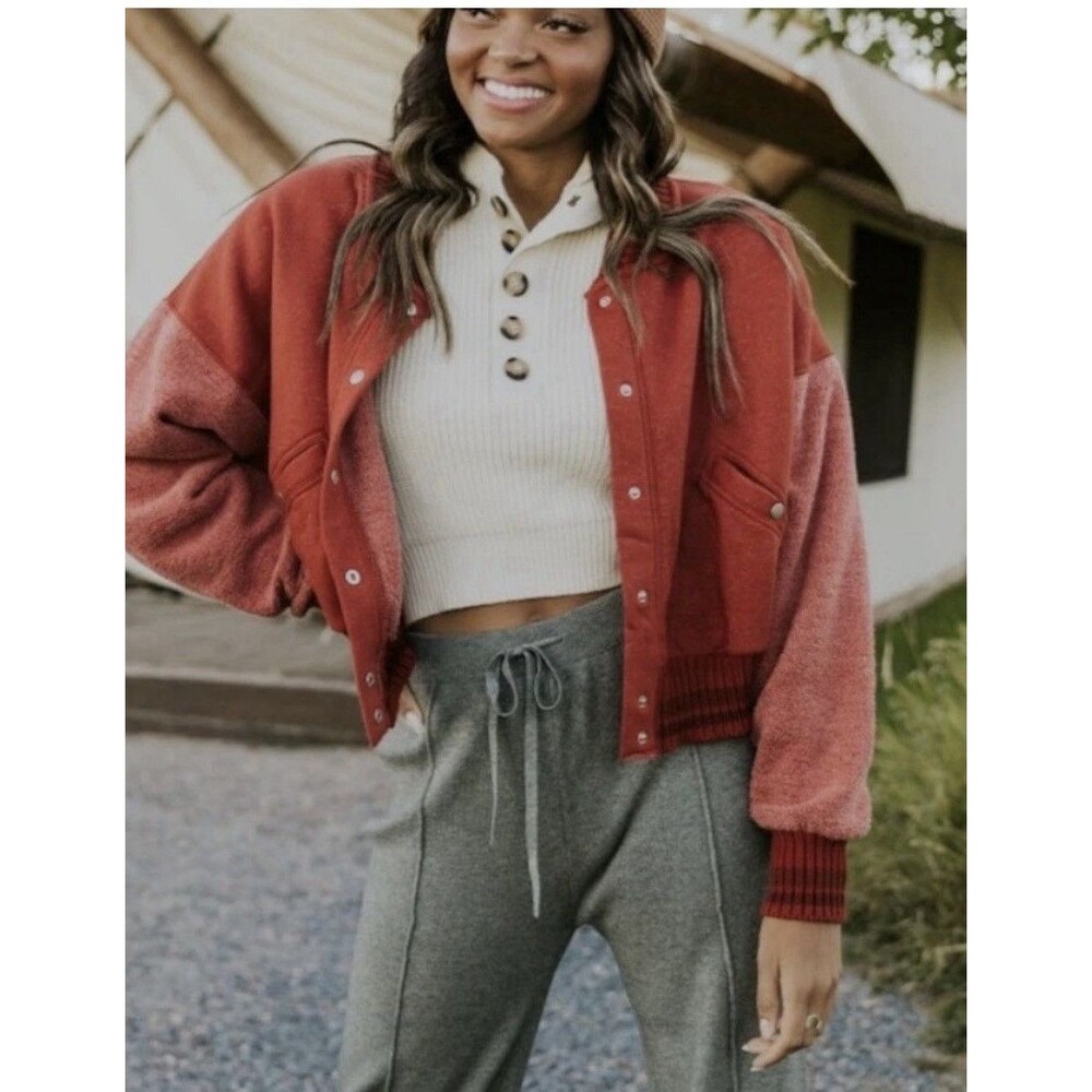 Free People Hollaback Bomber Jacket Snap Front Orange Spiced Brandy Sherpa Large - Picture 10 of 16